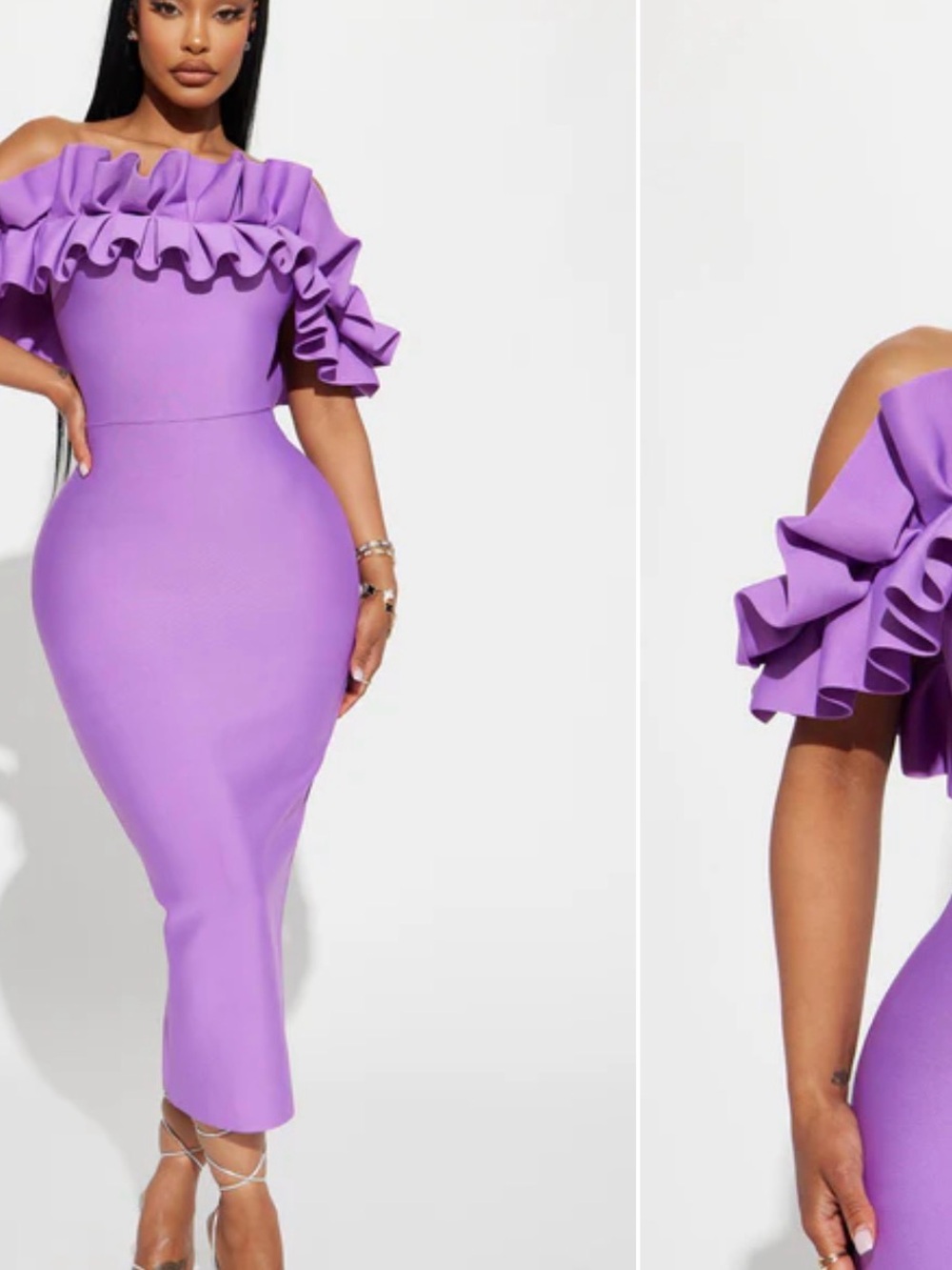Fashion Nova Lilac One-Shoulder Ruffle Midi Dress